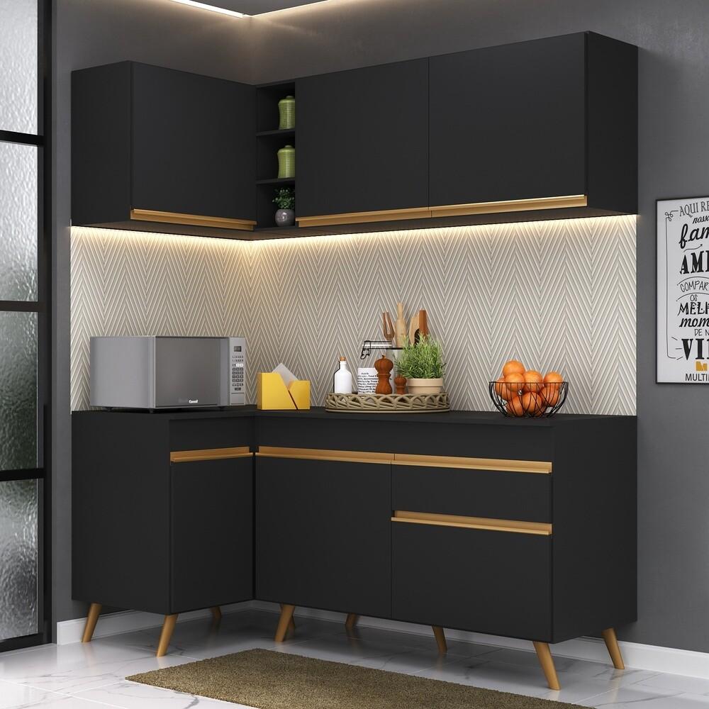 Armário de Cozinha Compacta de Canto Veneza Multimóveis V2057 Preto/Dourado