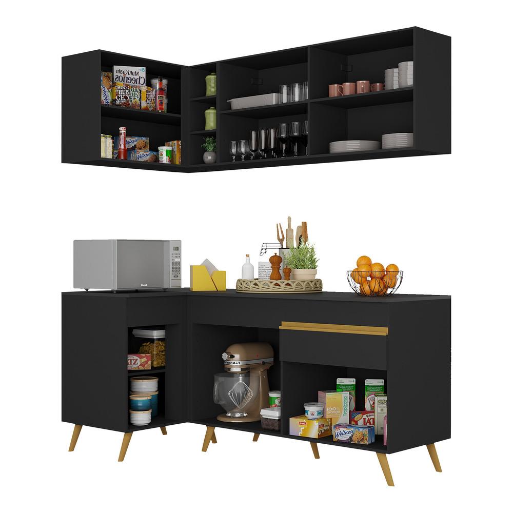 Armário de Cozinha Compacta de Canto Veneza Multimóveis V2057 Preto/Dourado