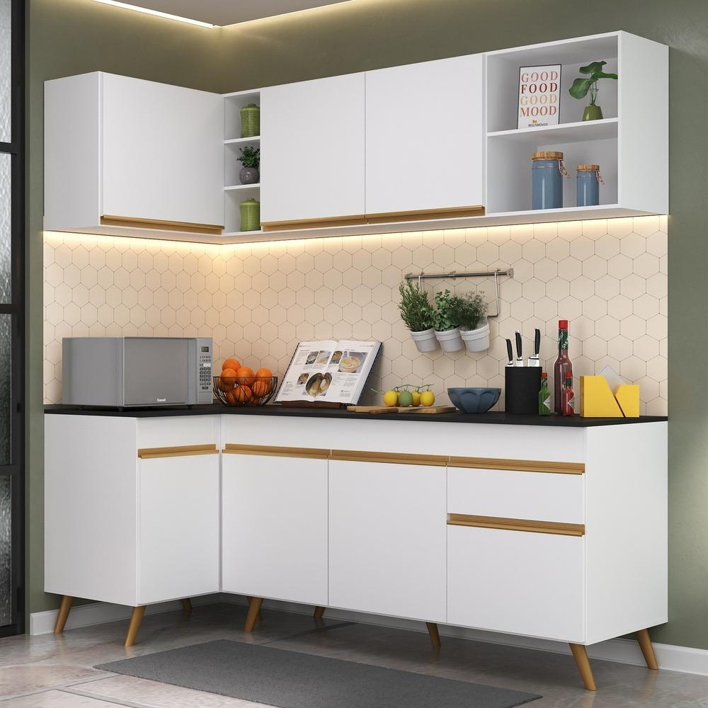 Armário de Cozinha Compacta de Canto Veneza Multimóveis V2058 Branco/Dourado