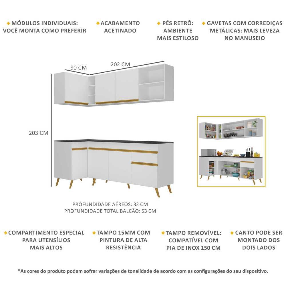 Armário de Cozinha Compacta de Canto Veneza Multimóveis V2058 Branco/Dourado