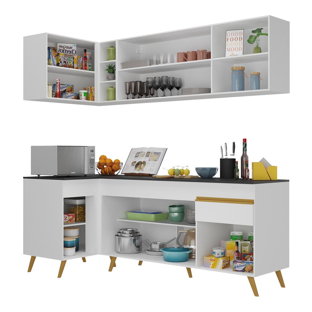 Armário de Cozinha Compacta de Canto Veneza Multimóveis V2058 Branco/Dourado