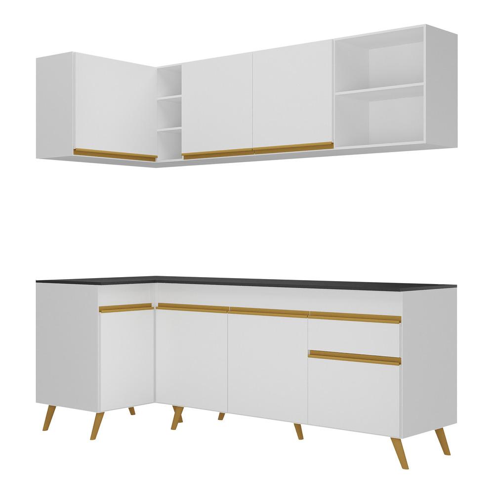 Armário de Cozinha Compacta de Canto Veneza Multimóveis V2058 Branco/Dourado