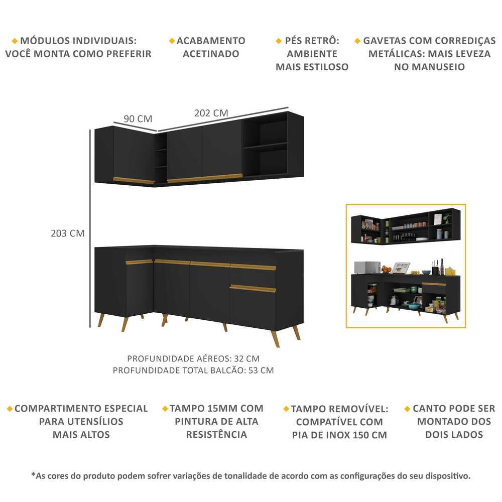 Armário de Cozinha Compacta de Canto Veneza Multimóveis V2058 Preto/Dourado