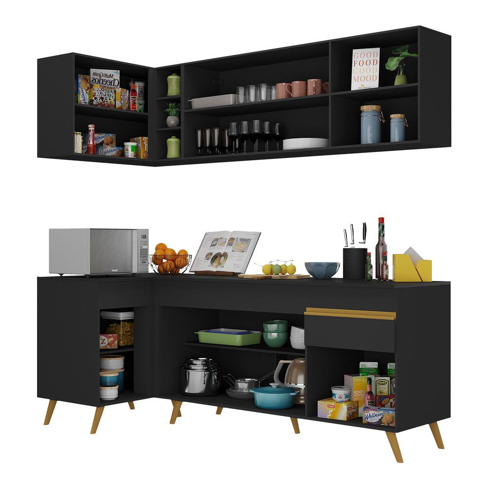 Armário de Cozinha Compacta de Canto Veneza Multimóveis V2058 Preto/Dourado
