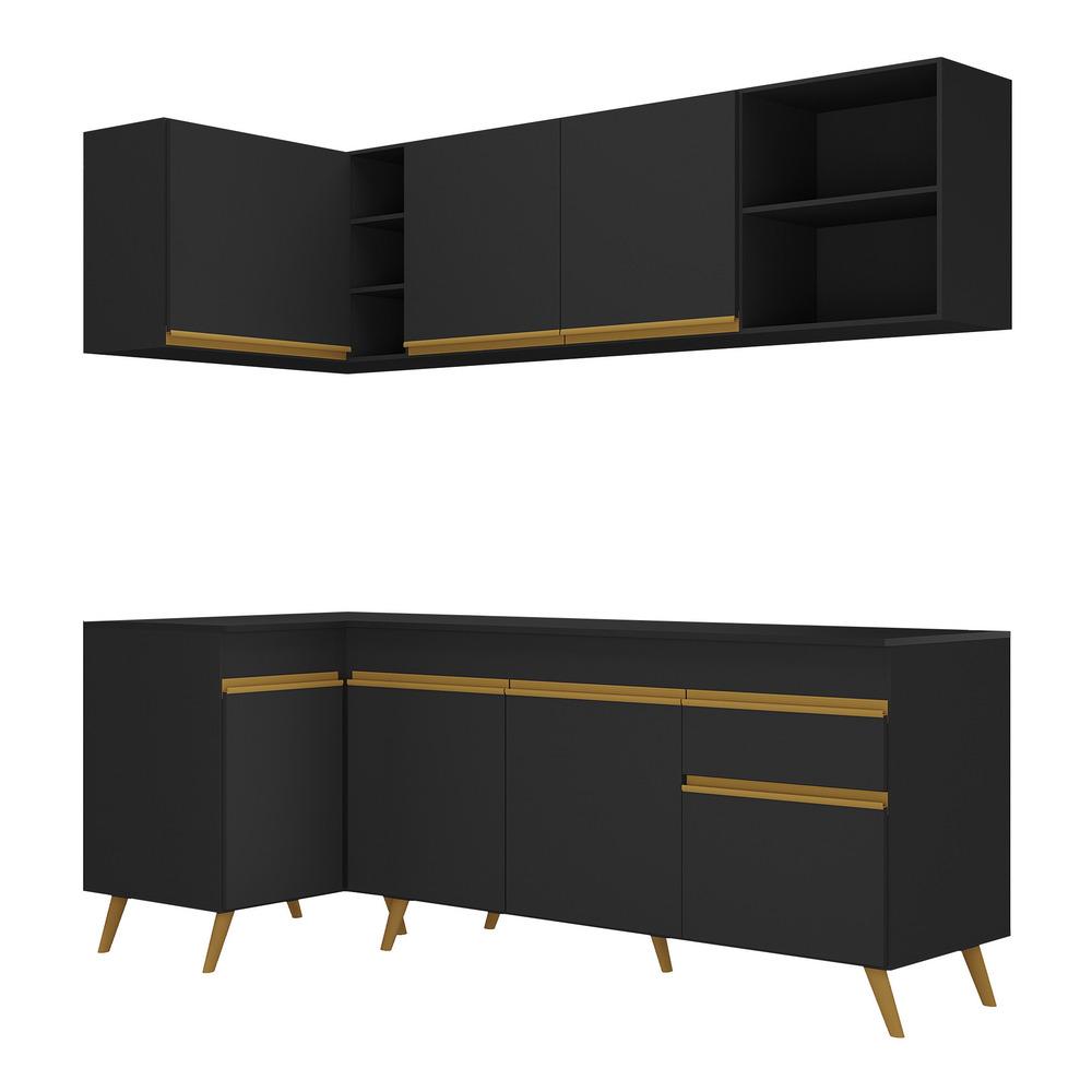 Armário de Cozinha Compacta de Canto Veneza Multimóveis V2058 Preto/Dourado