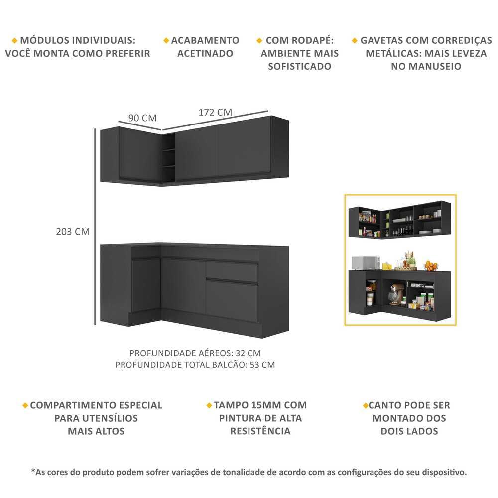 Armário de Cozinha Compacta de Canto com Rodapé Veneza Multimóveis MP2092.895 Preto