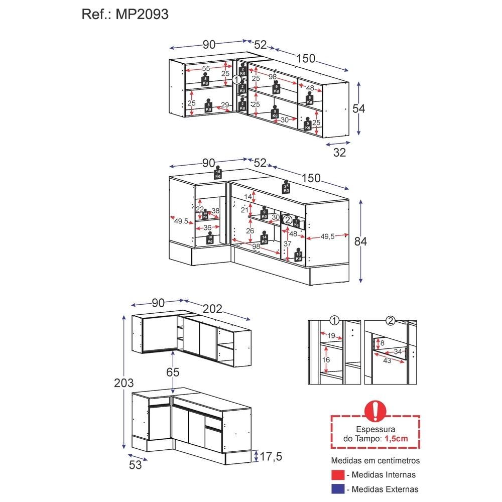 Armário de Cozinha Compacta de Canto com Rodapé Veneza Multimóveis MP2093.964 Branco/Preto