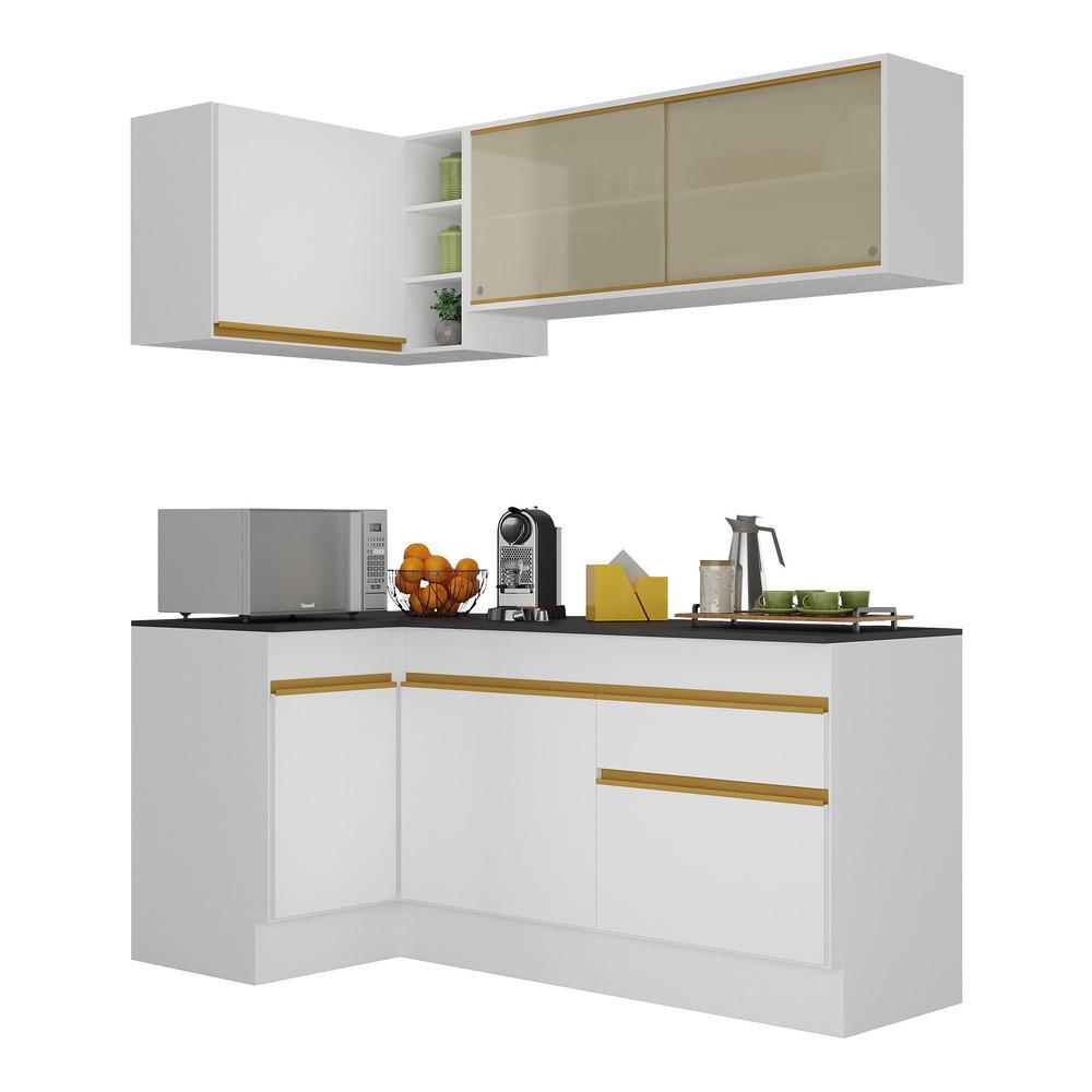Armário de Cozinha Compacta de Canto com Rodapé Veneza Multimóveis V2091 Branco/Dourado