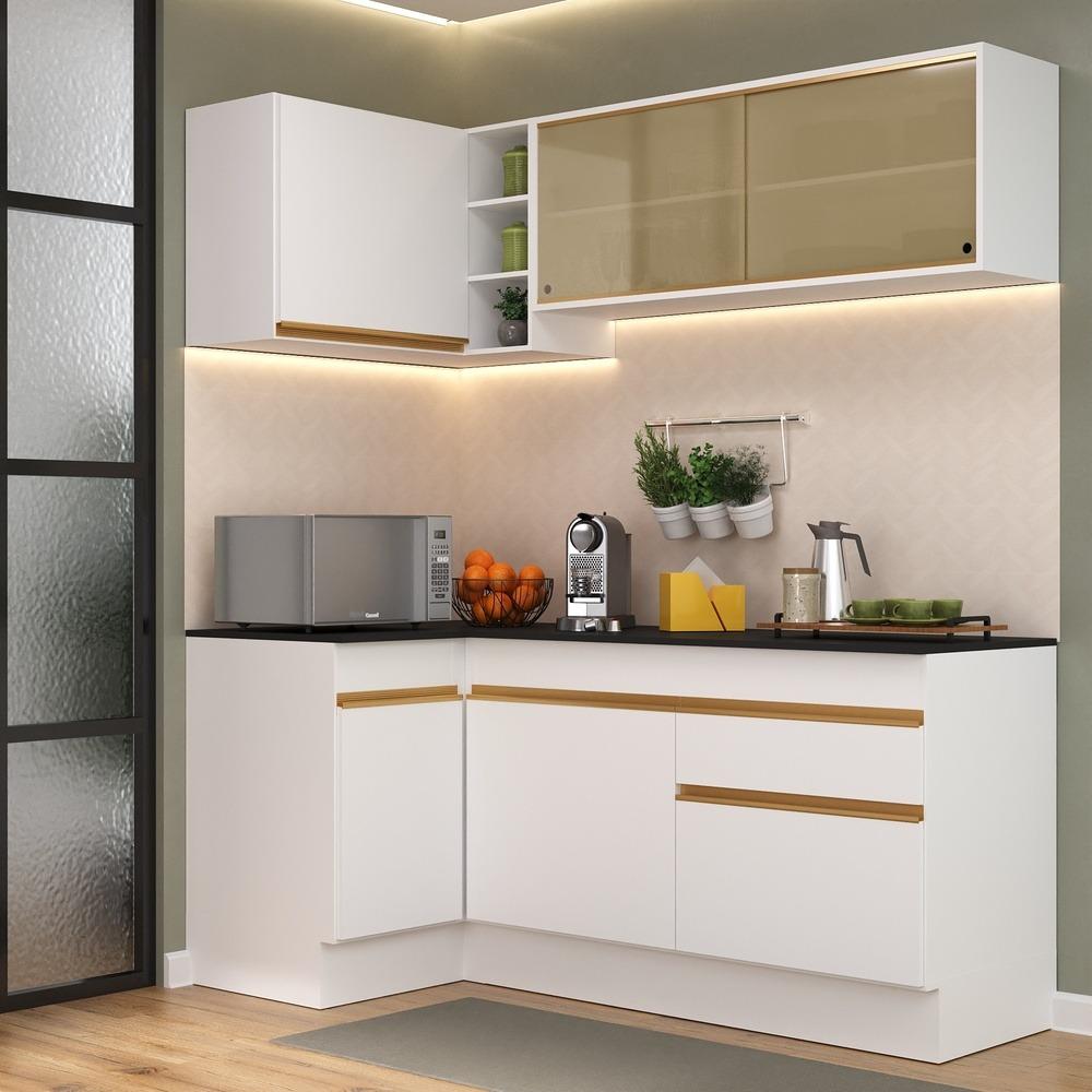 Armário de Cozinha Compacta de Canto com Rodapé Veneza Multimóveis V2091 Branco/Dourado