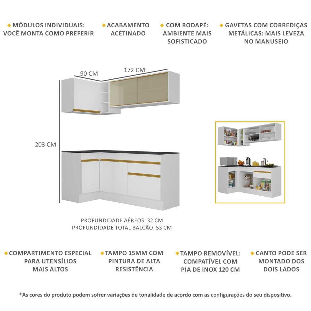 Armário de Cozinha Compacta de Canto com Rodapé Veneza Multimóveis V2091 Branco/Dourado