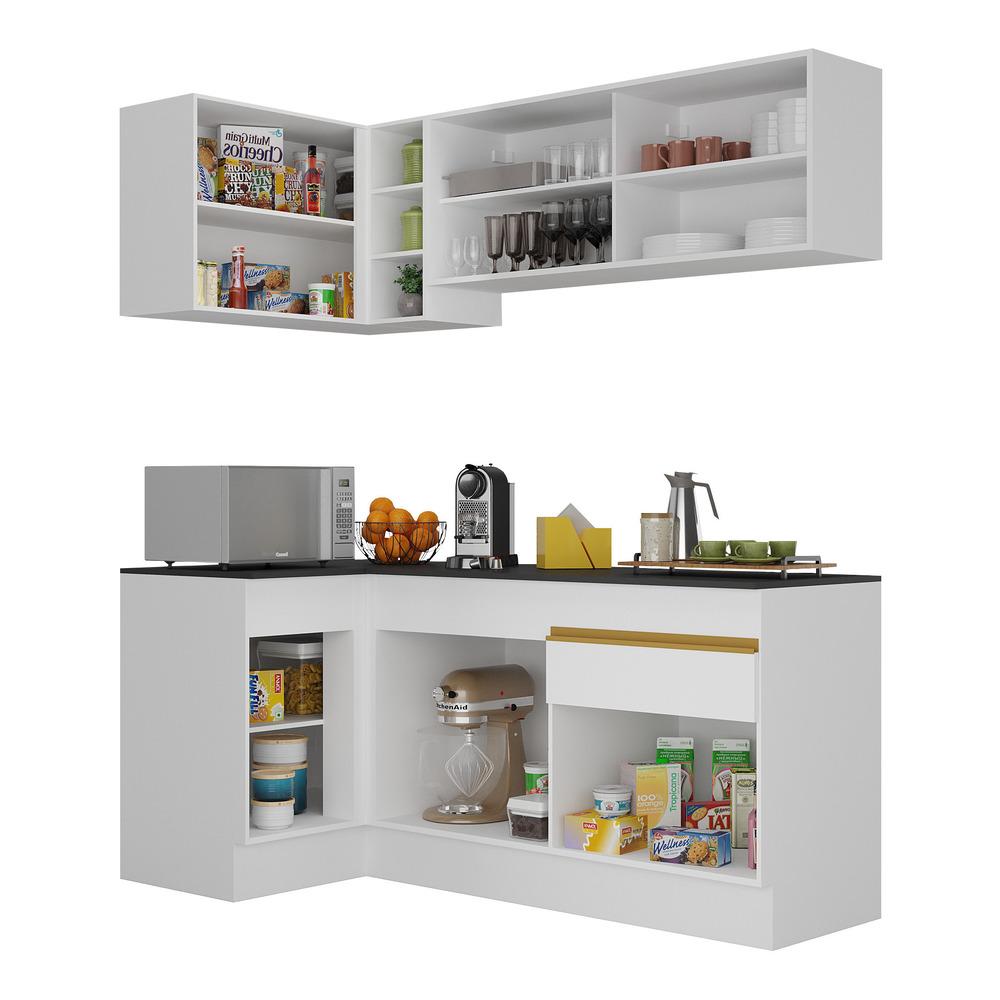 Armário de Cozinha Compacta de Canto com Rodapé Veneza Multimóveis V2091 Branco/Dourado