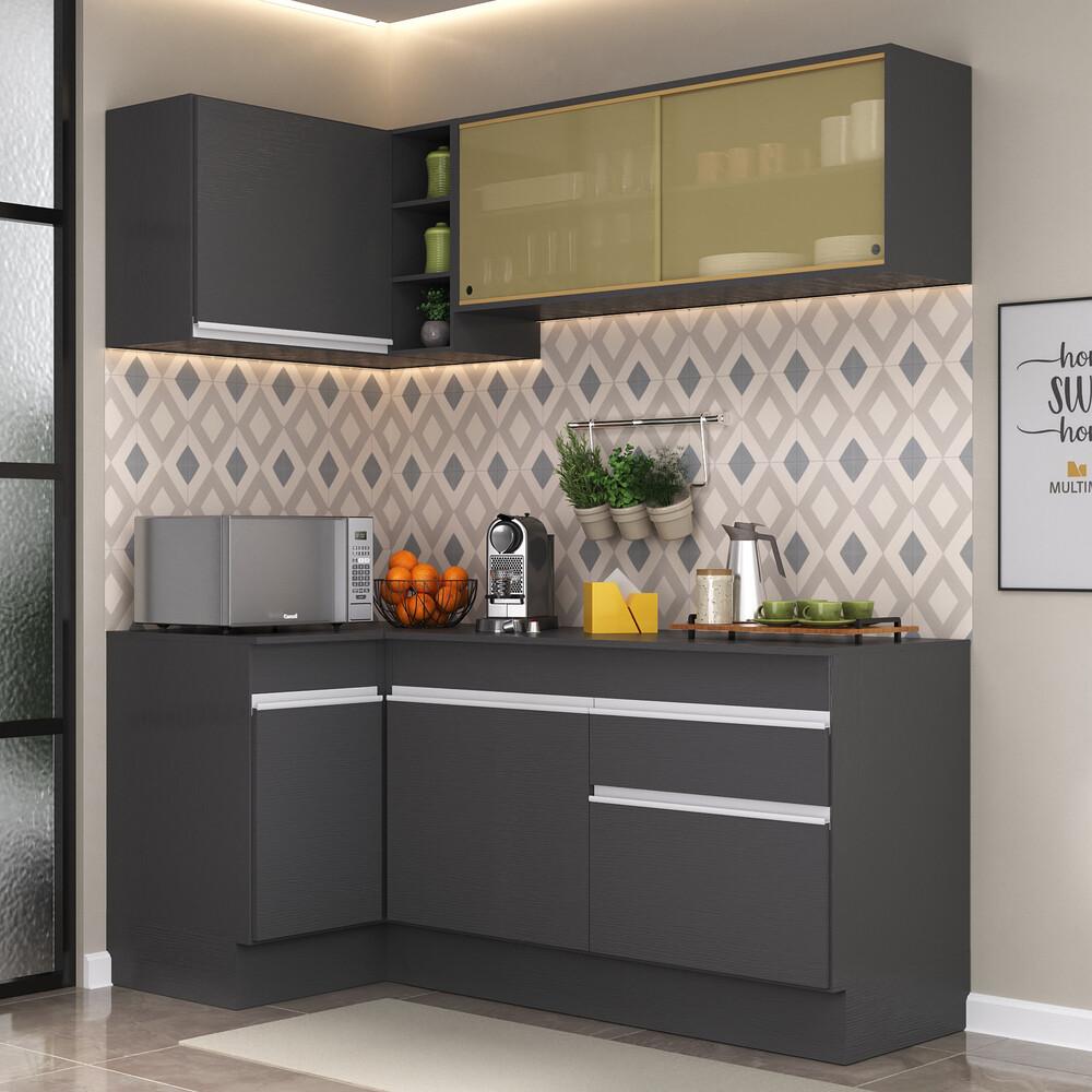 Armário de Cozinha Compacta de Canto com Rodapé Veneza Multimóveis V2091 Preto/Branco