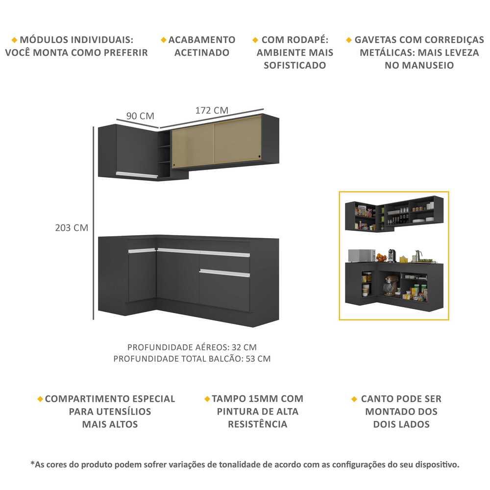 Armário de Cozinha Compacta de Canto com Rodapé Veneza Multimóveis V2091 Preto/Branco
