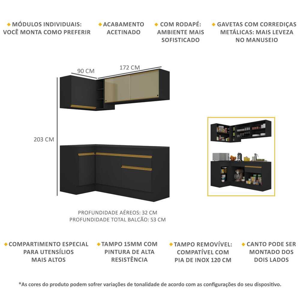 Armário de Cozinha Compacta de Canto com Rodapé Veneza Multimóveis V2091 Preto/Dourado