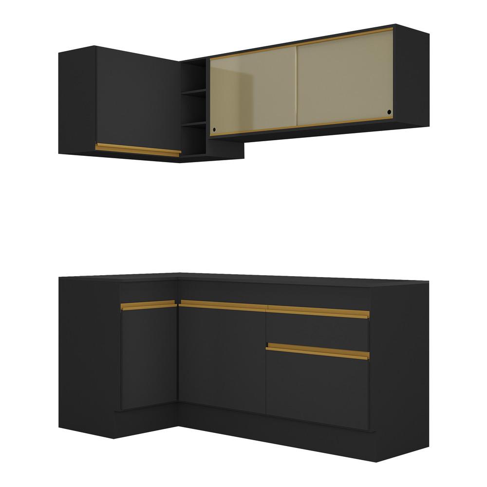 Armário de Cozinha Compacta de Canto com Rodapé Veneza Multimóveis V2091 Preto/Dourado