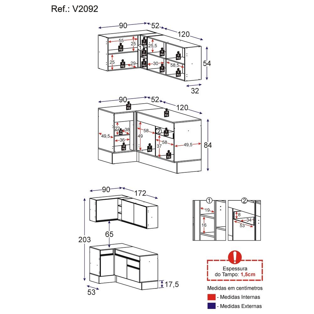 Armário de Cozinha Compacta de Canto com Rodapé Veneza Multimóveis V2092 Branco