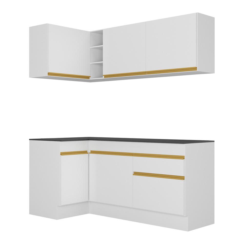 Armário de Cozinha Compacta de Canto com Rodapé Veneza Multimóveis V2092 Branco/Dourado