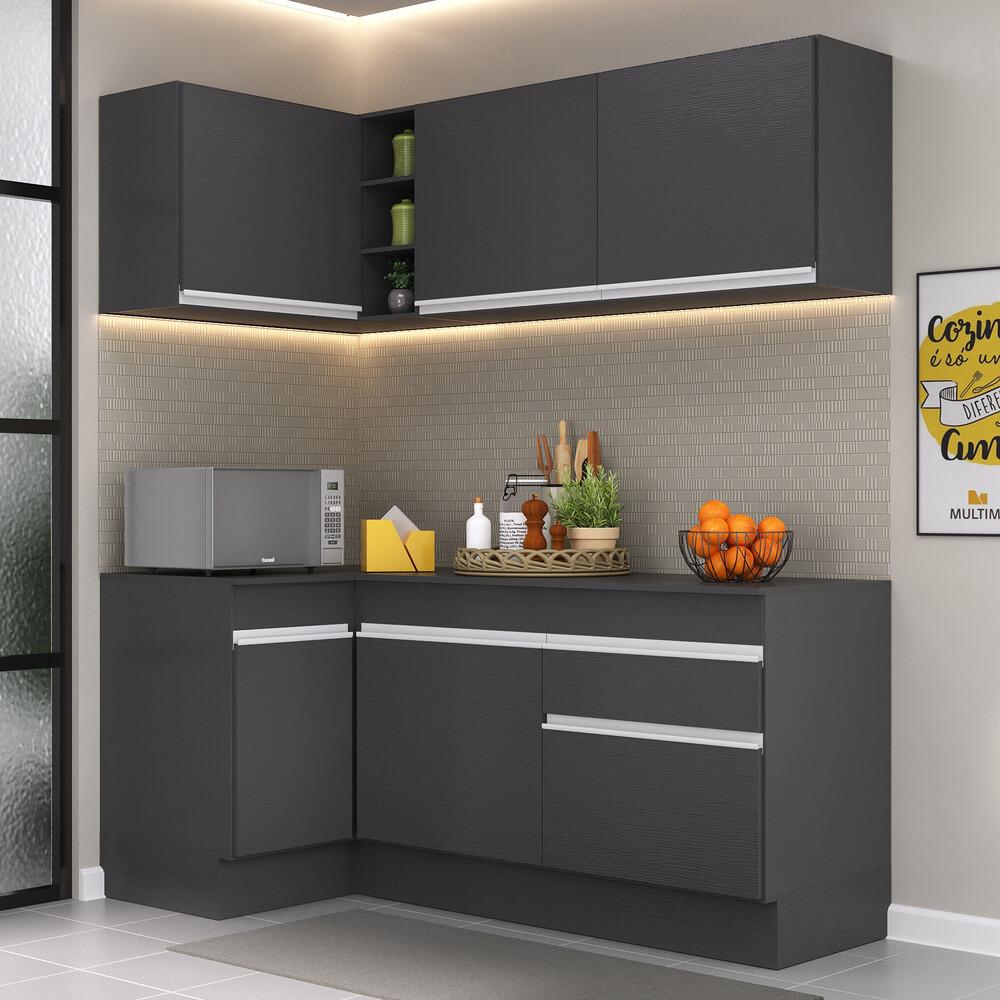 Armário de Cozinha Compacta de Canto com Rodapé Veneza Multimóveis V2092 Preto/Branco