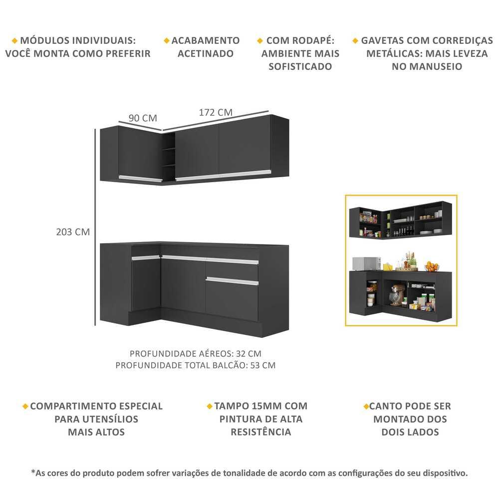 Armário de Cozinha Compacta de Canto com Rodapé Veneza Multimóveis V2092 Preto/Branco