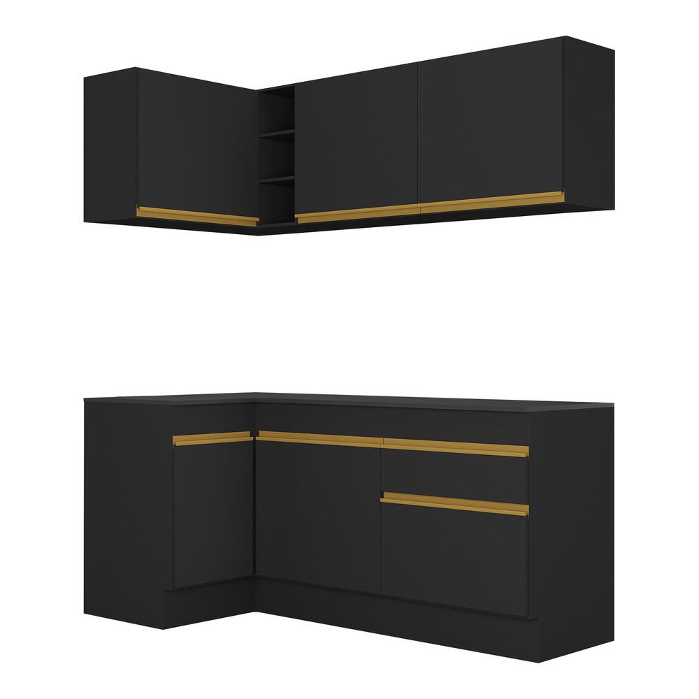 Armário de Cozinha Compacta de Canto com Rodapé Veneza Multimóveis V2092 Preto/Dourado