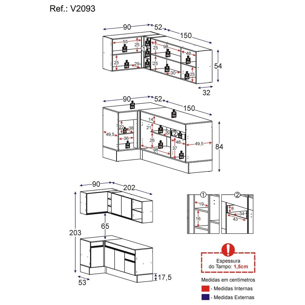 Armário de Cozinha Compacta de Canto com Rodapé Veneza Multimóveis V2093 Branco
