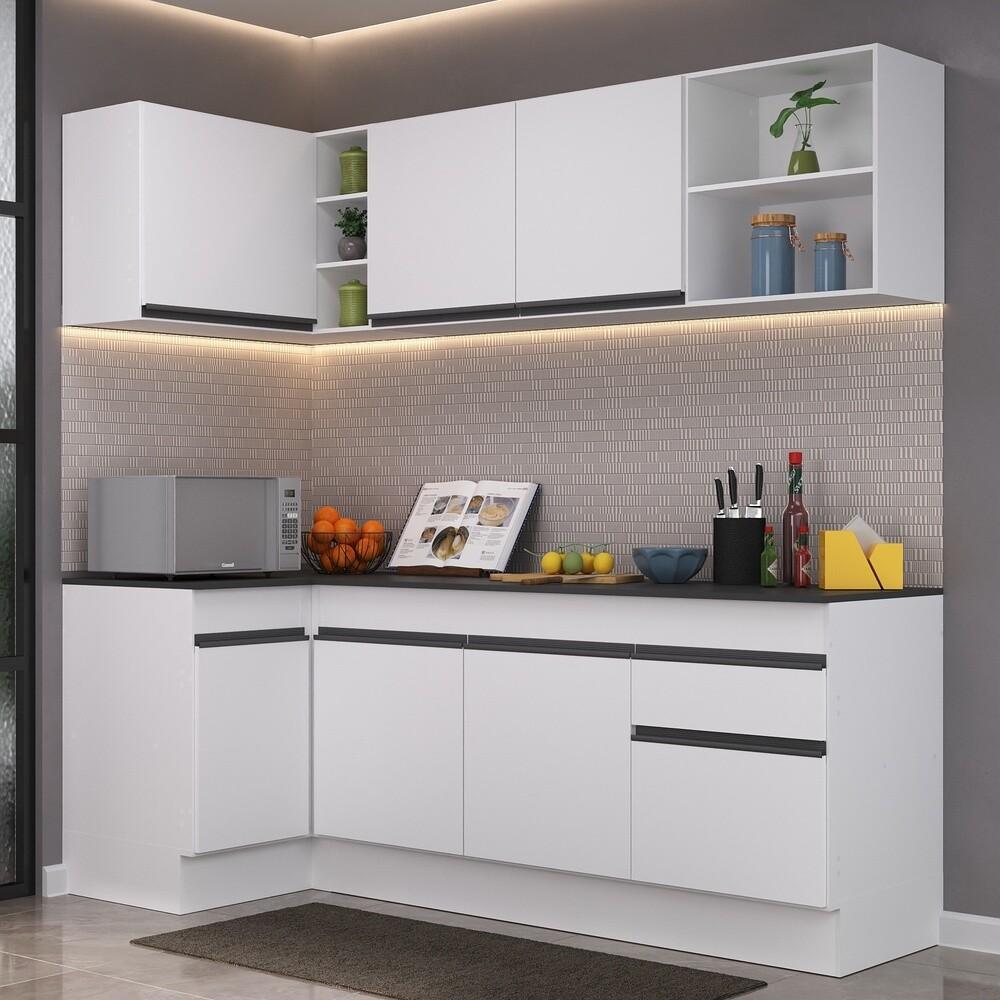 Armário de Cozinha Compacta de Canto com Rodapé Veneza Multimóveis V2093 Branco/Preto