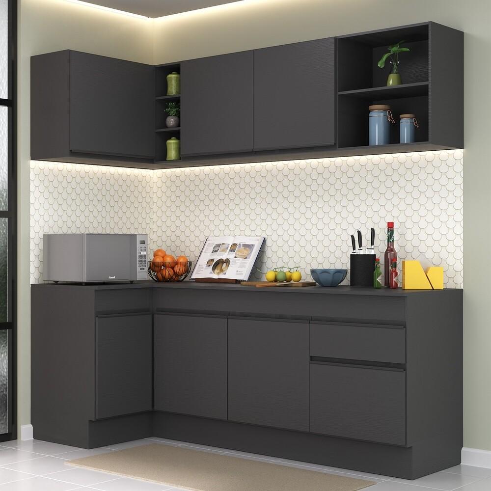 Armário de Cozinha Compacta de Canto com Rodapé Veneza Multimóveis V2093 Preto