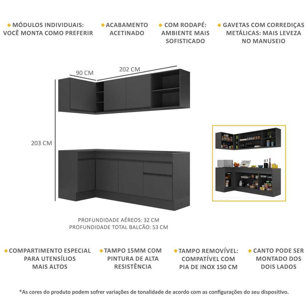 Armário de Cozinha Compacta de Canto com Rodapé Veneza Multimóveis V2093 Preto