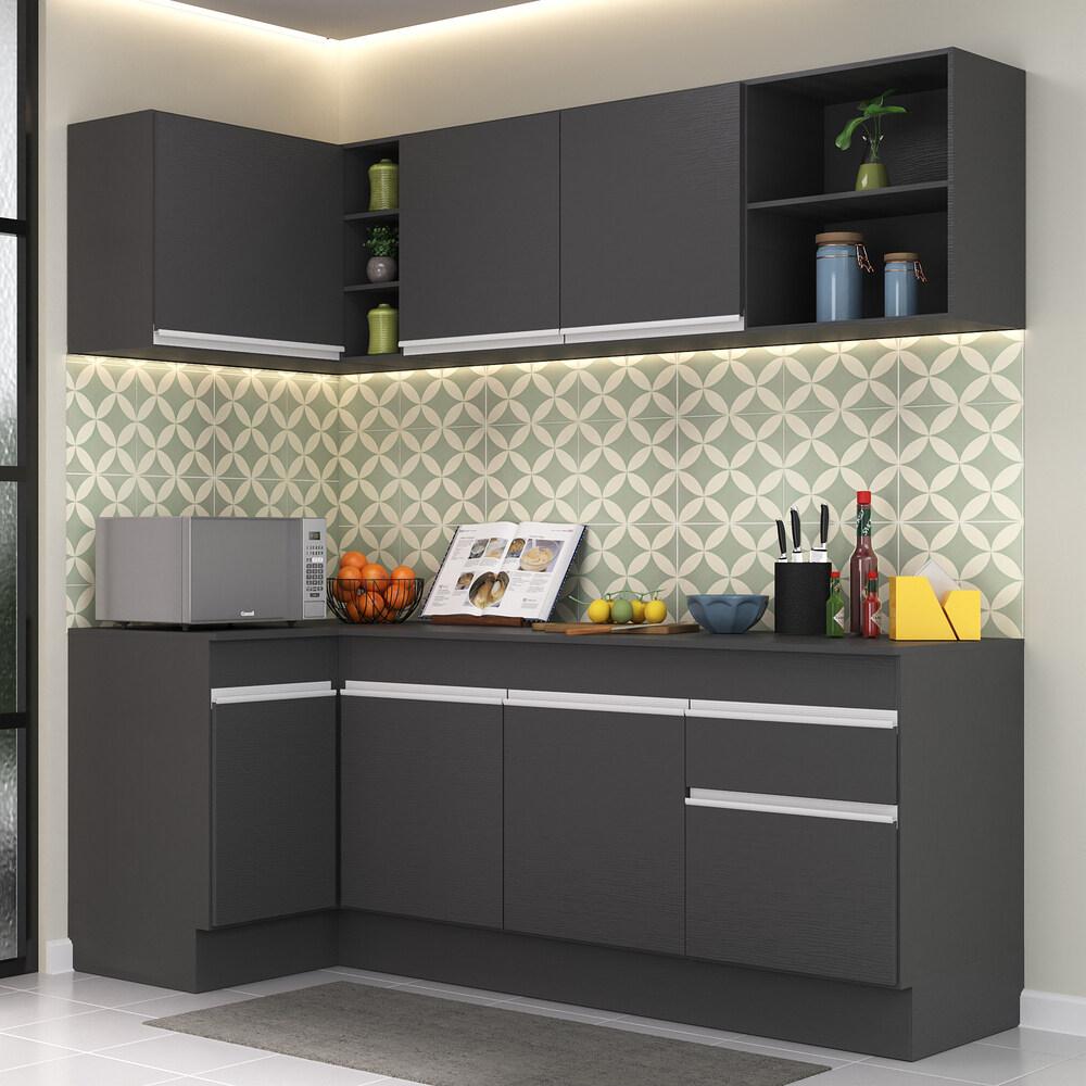 Armário de Cozinha Compacta de Canto com Rodapé Veneza Multimóveis V2093 Preto/Branco