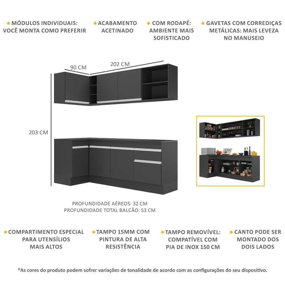 Armário de Cozinha Compacta de Canto com Rodapé Veneza Multimóveis V2093 Preto/Branco