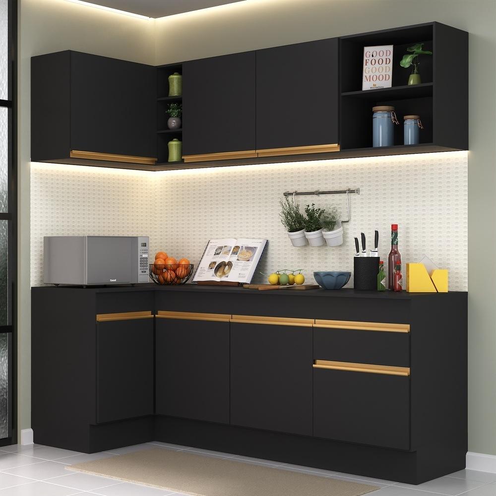 Armário de Cozinha Compacta de Canto com Rodapé Veneza Multimóveis V2093 Preto/Dourado