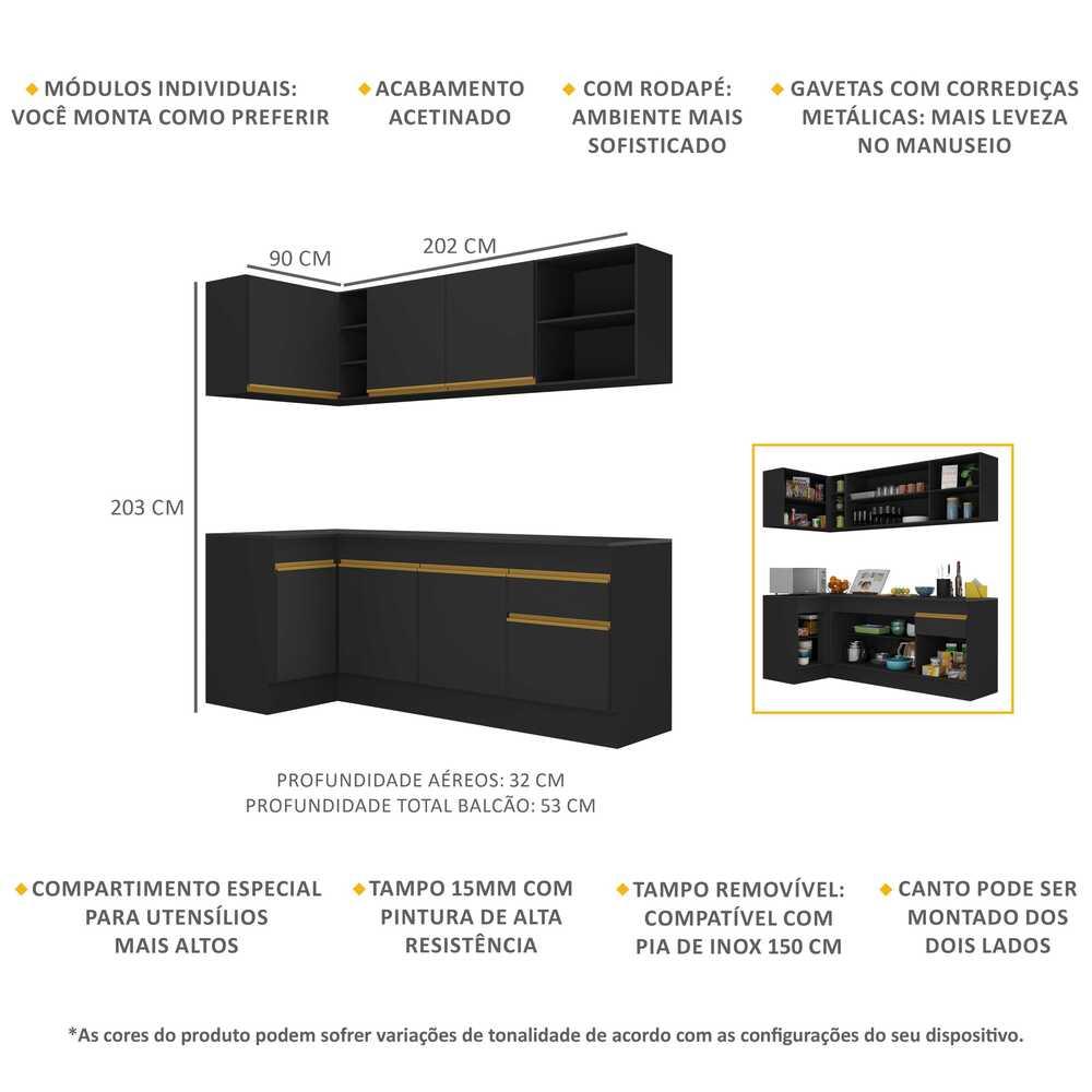 Armário de Cozinha Compacta de Canto com Rodapé Veneza Multimóveis V2093 Preto/Dourado