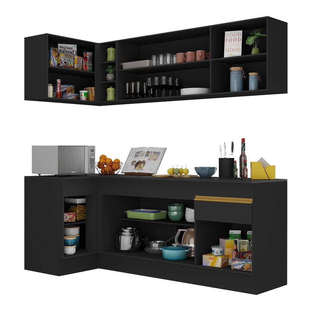 Armário de Cozinha Compacta de Canto com Rodapé Veneza Multimóveis V2093 Preto/Dourado