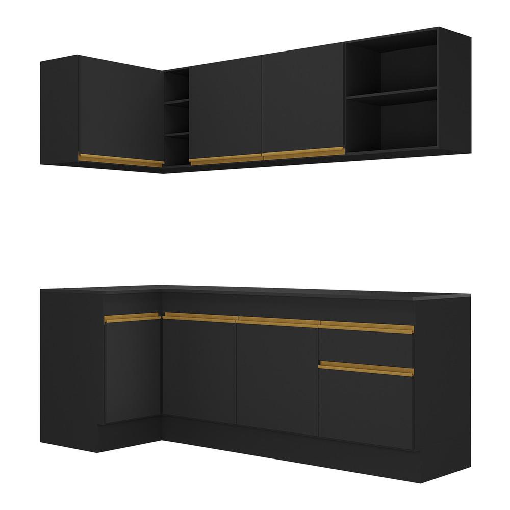Armário de Cozinha Compacta de Canto com Rodapé Veneza Multimóveis V2093 Preto/Dourado