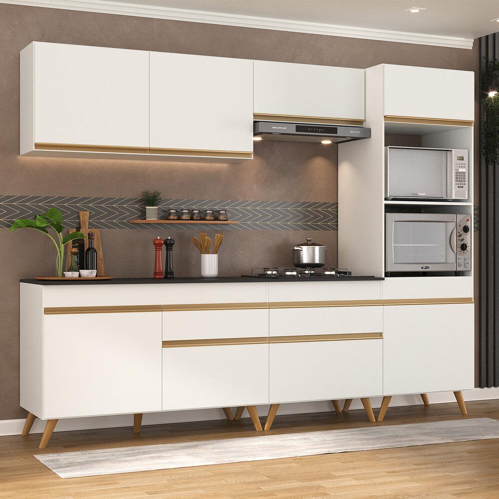 Armário de Cozinha Completa 252cm Veneza Multimóveis V3713 Branco/Dourado