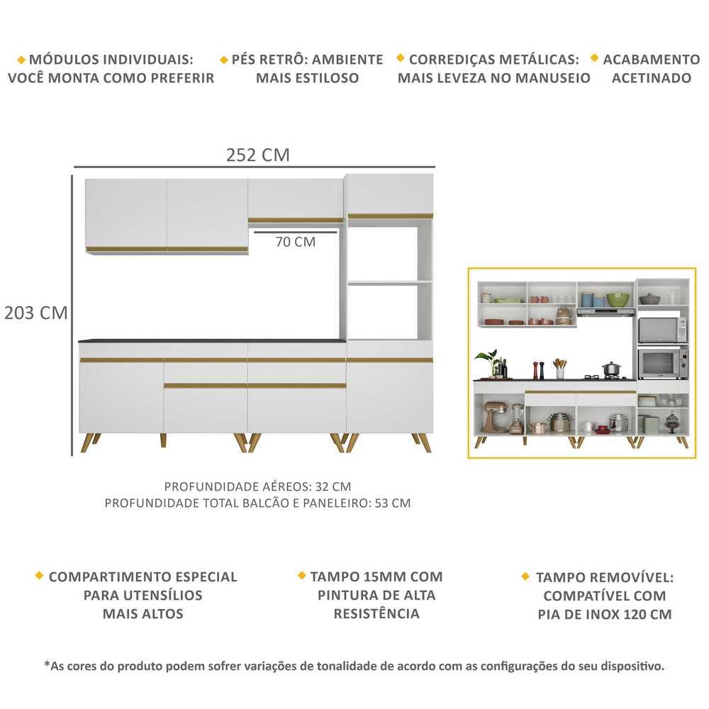 Armário de Cozinha Completa 252cm Veneza Multimóveis V3713 Branco/Dourado