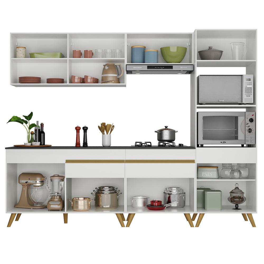 Armário de Cozinha Completa 252cm Veneza Multimóveis V3713 Branco/Dourado