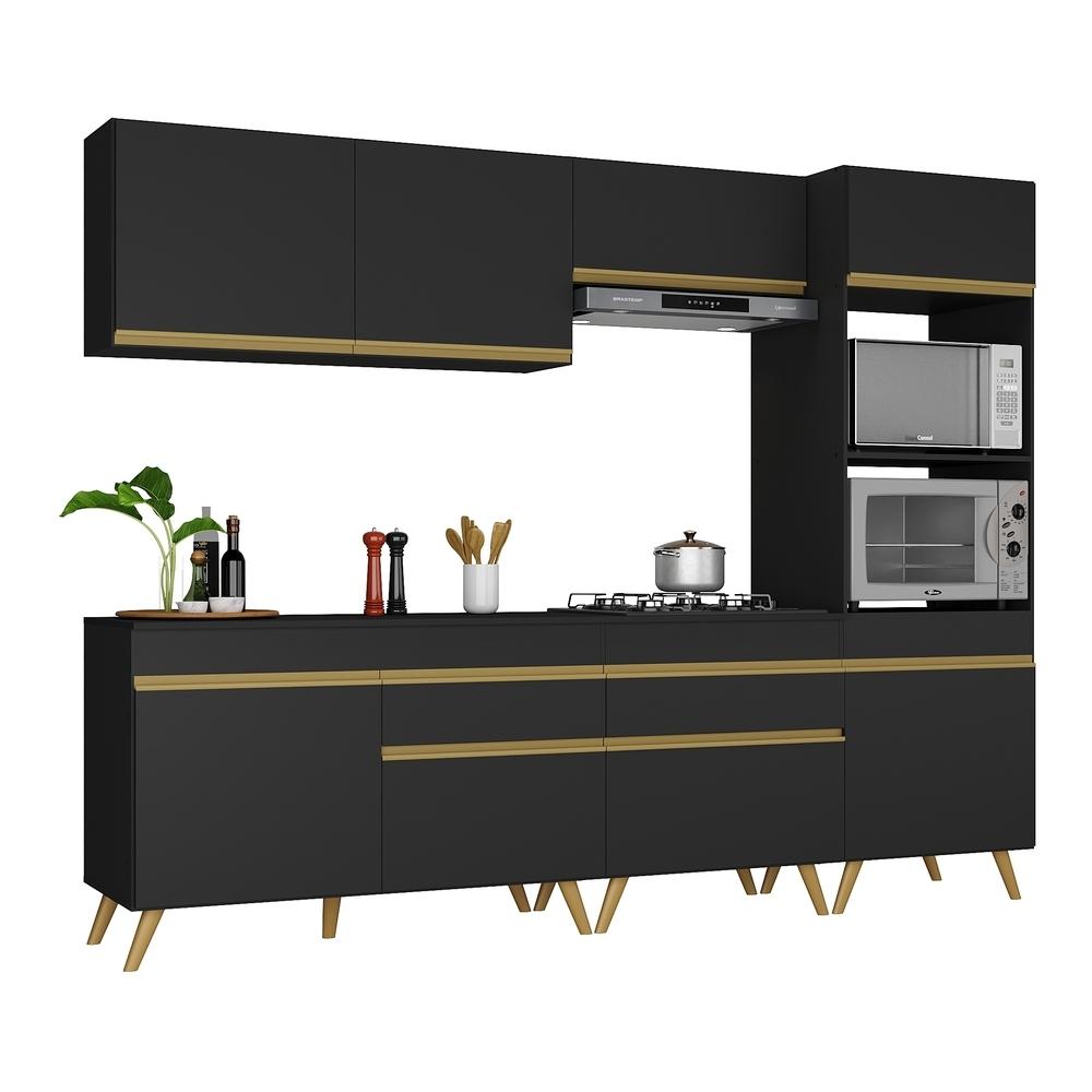 Armário de Cozinha Completa 252cm Veneza Multimóveis V3713 Preto/Dourado