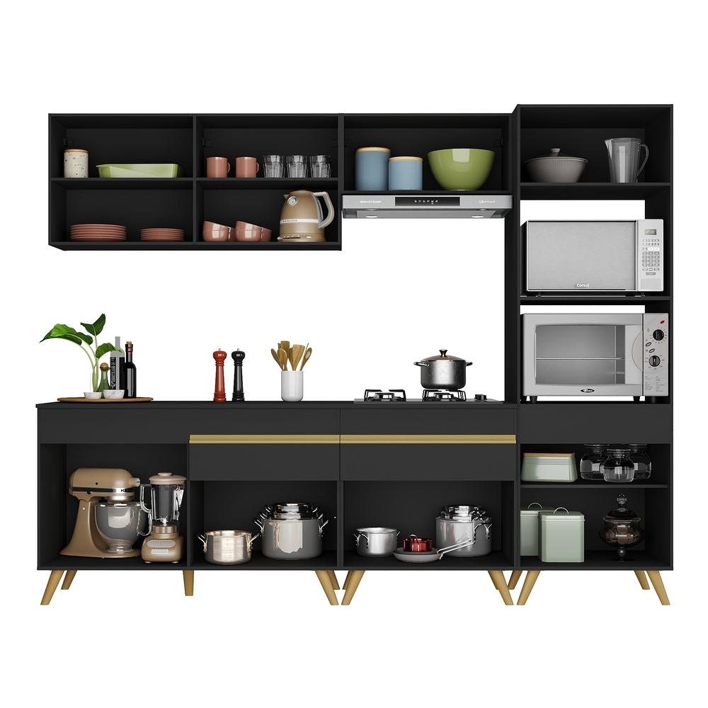 Armário de Cozinha Completa 252cm Veneza Multimóveis V3713 Preto/Dourado
