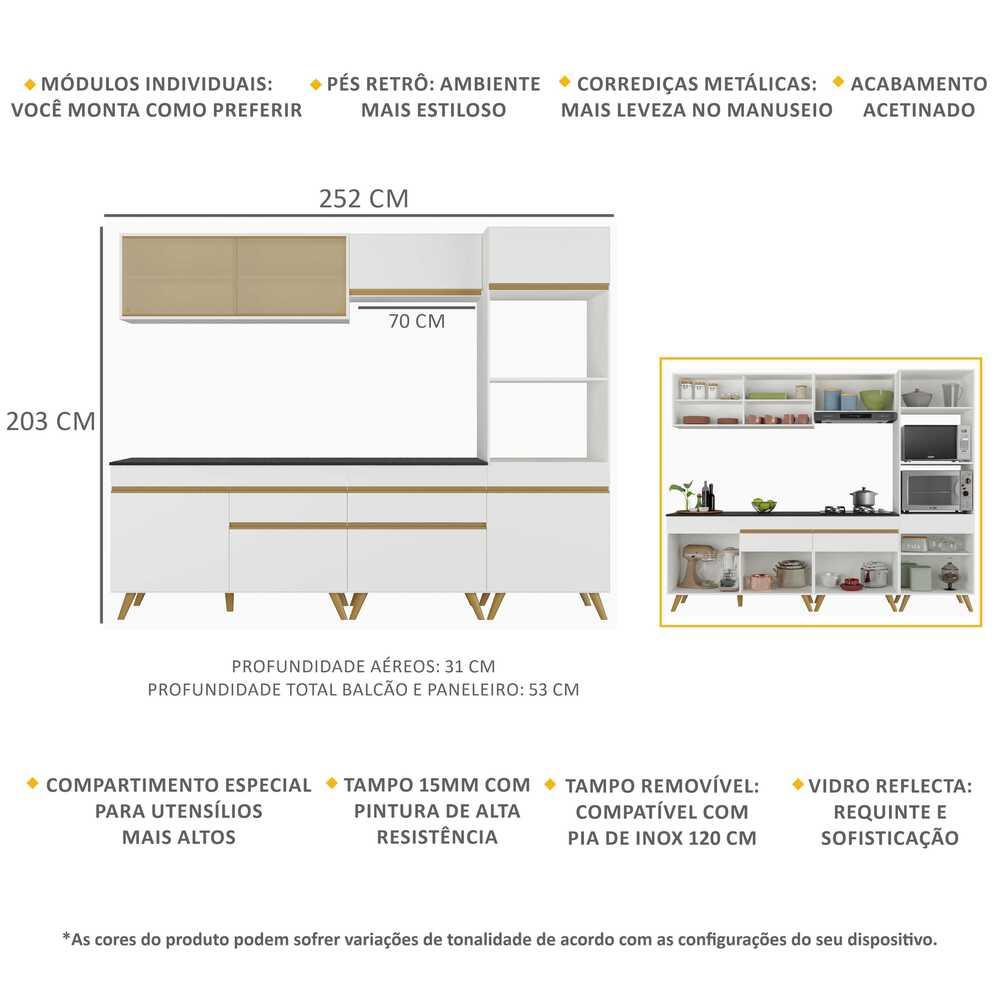 Armário de Cozinha Completa 252cm Veneza Multimóveis V3715 Branco/Dourado
