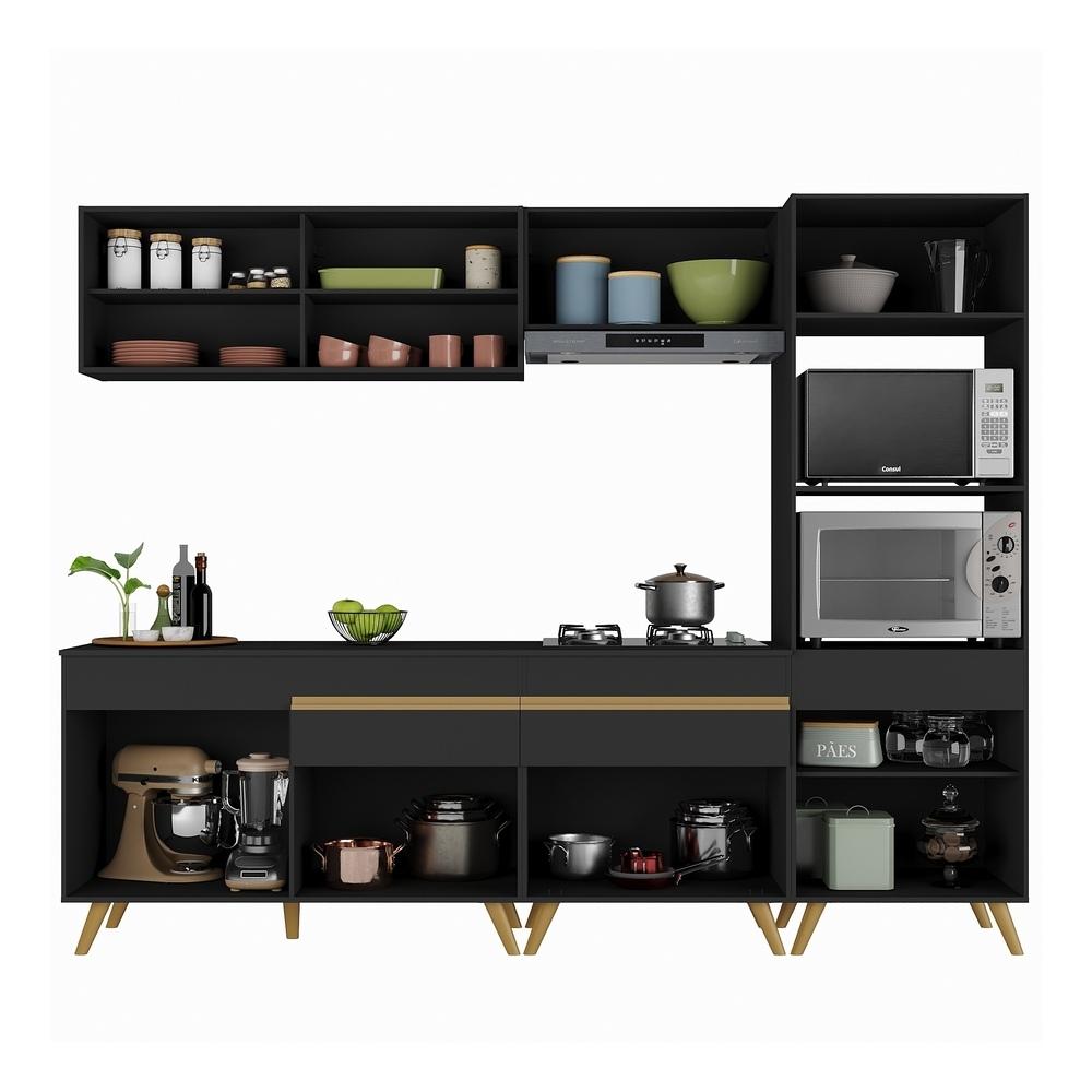 Armário de Cozinha Completa 252cm Veneza Multimóveis V3715 Preto/Dourado
