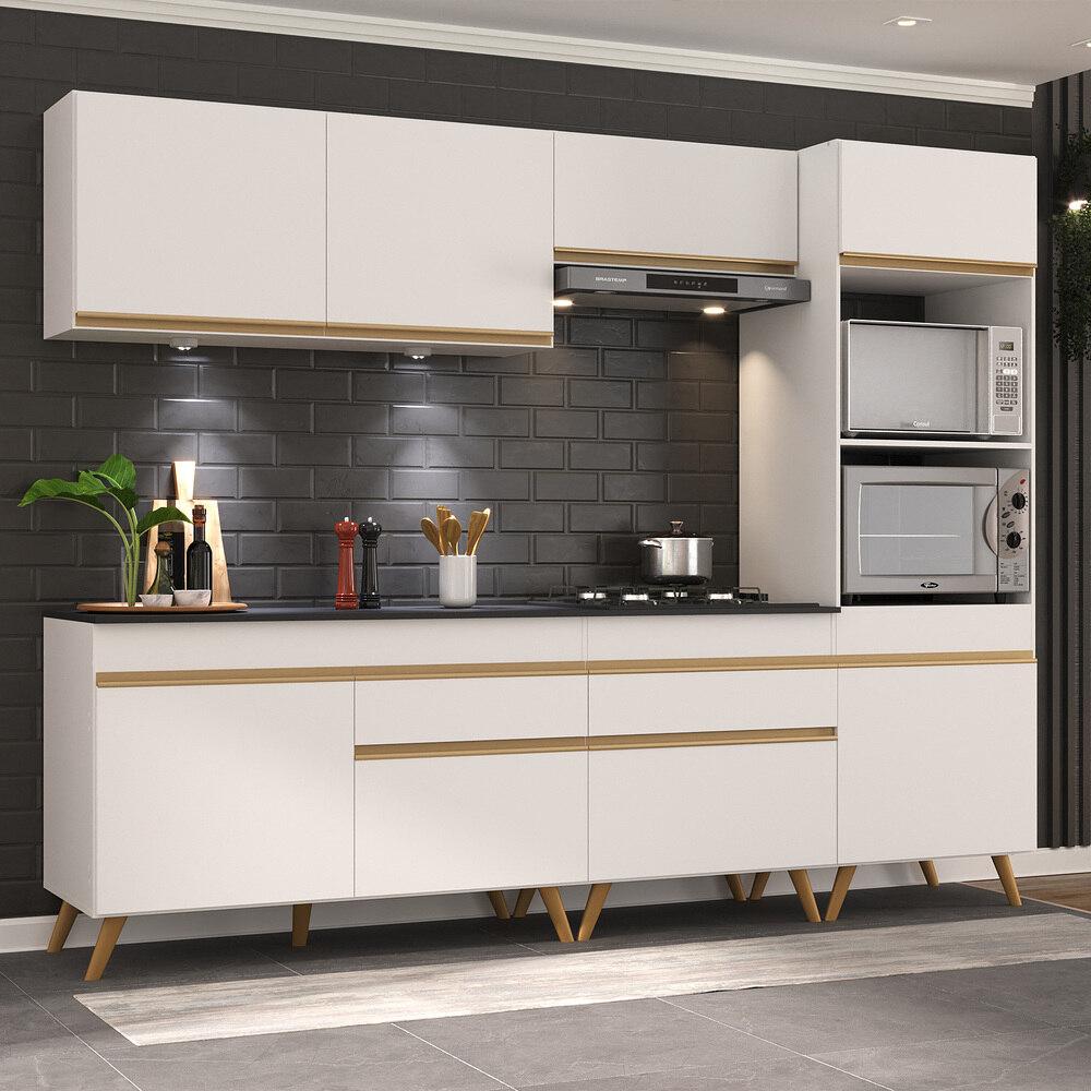 Armário de Cozinha Completa 252cm com Leds Veneza Up Multimóveis V2035 Branco/Dourado