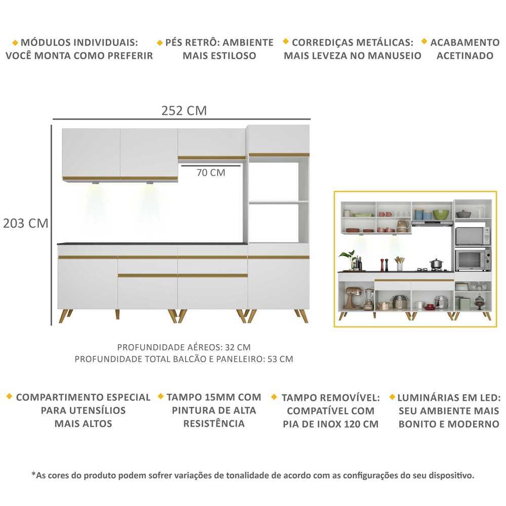 Armário de Cozinha Completa 252cm com Leds Veneza Up Multimóveis V2035 Branco/Dourado