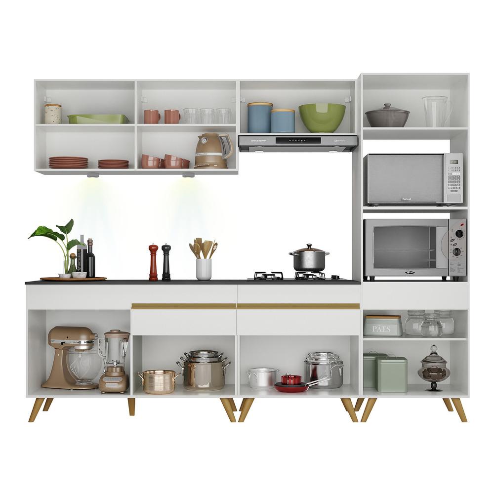 Armário de Cozinha Completa 252cm com Leds Veneza Up Multimóveis V2035 Branco/Dourado