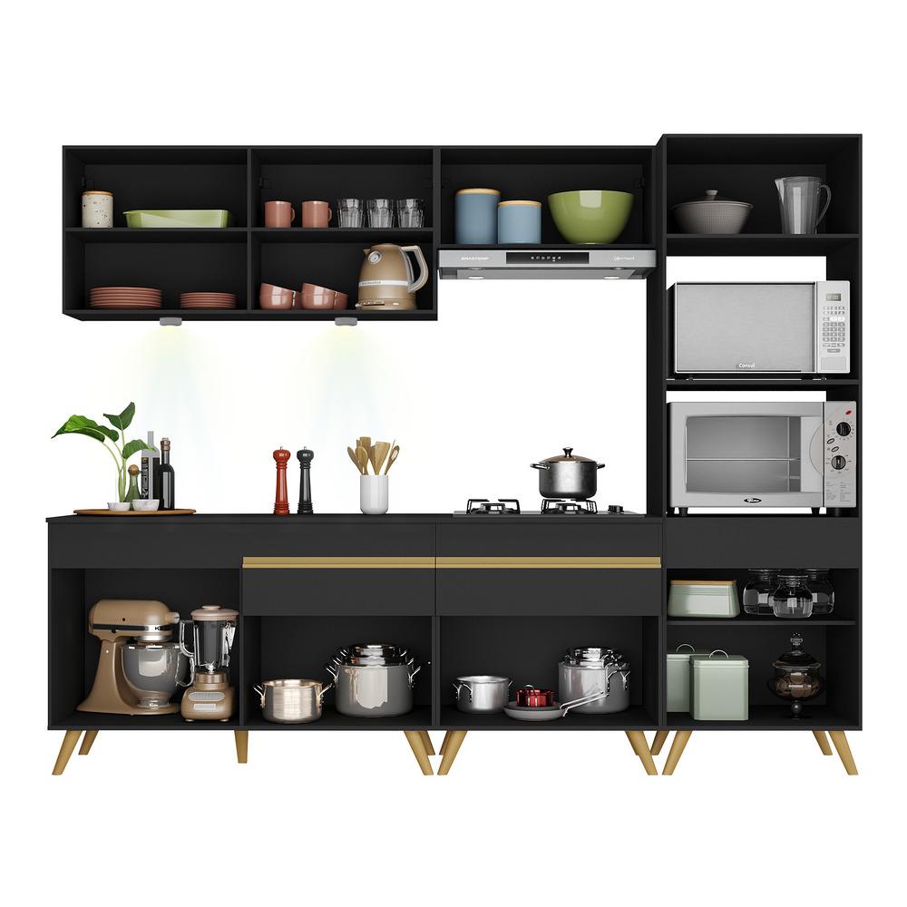 Armário de Cozinha Completa 252cm com Leds Veneza Up Multimóveis V2035 Preto/Dourado