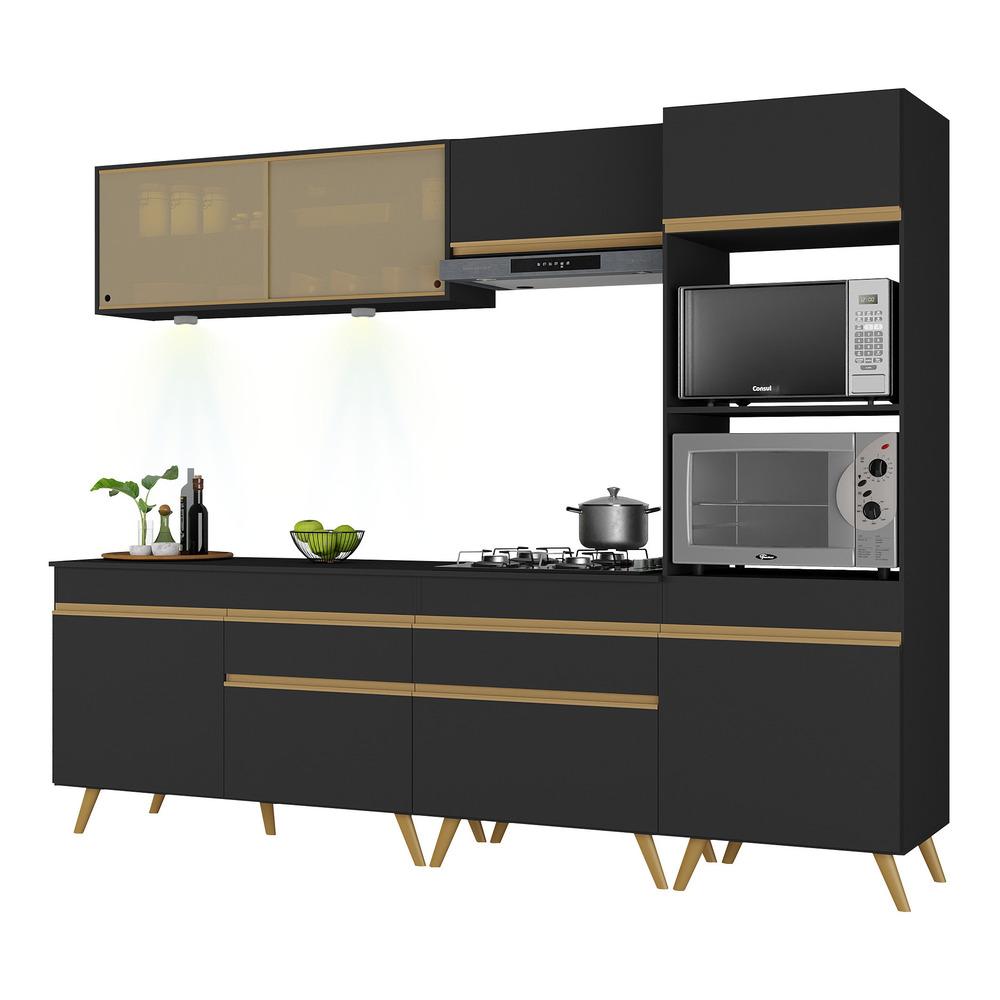 Armário de Cozinha Completa 252cm com Leds Veneza Up Multimóveis V2037 Preto/Dourado
