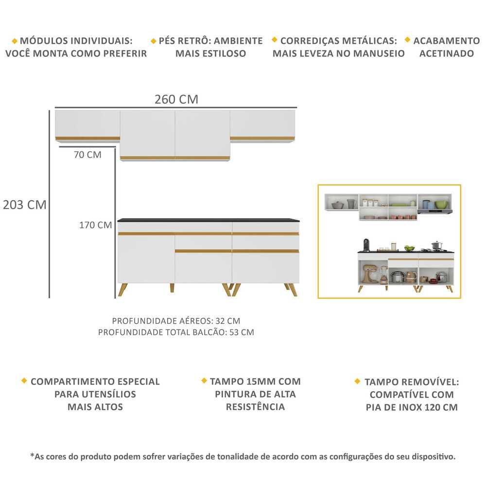 Armário de Cozinha Completa 260cm Veneza Multimóveis V3708 Branco/Dourado