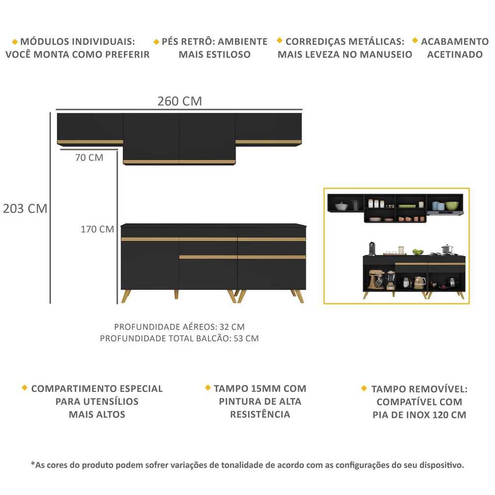 Armário de Cozinha Completa 260cm Veneza Multimóveis V3708 Preto/Dourado