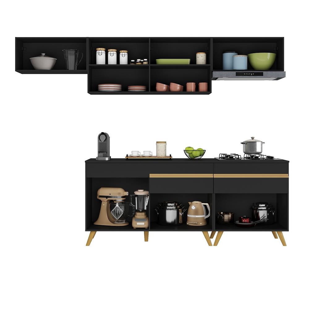 Armário de Cozinha Completa 260cm Veneza Multimóveis V3708 Preto/Dourado