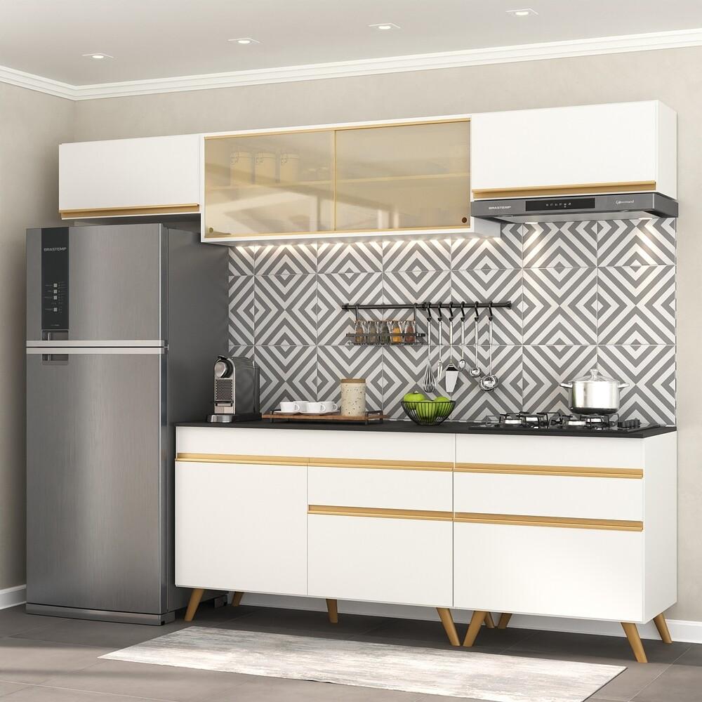 Armário de Cozinha Completa 260cm Veneza Multimóveis V3710 Branco/Dourado